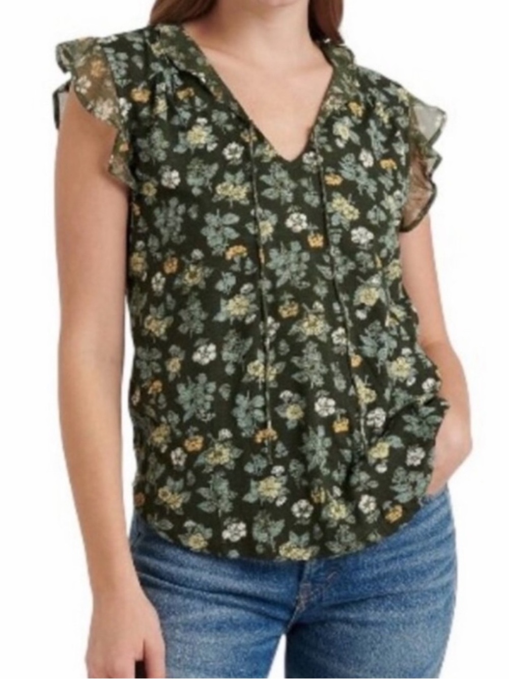 Lucky Brand Flutter Sleeve Blouse Flowy Split Neck Floral Green Multi Size S